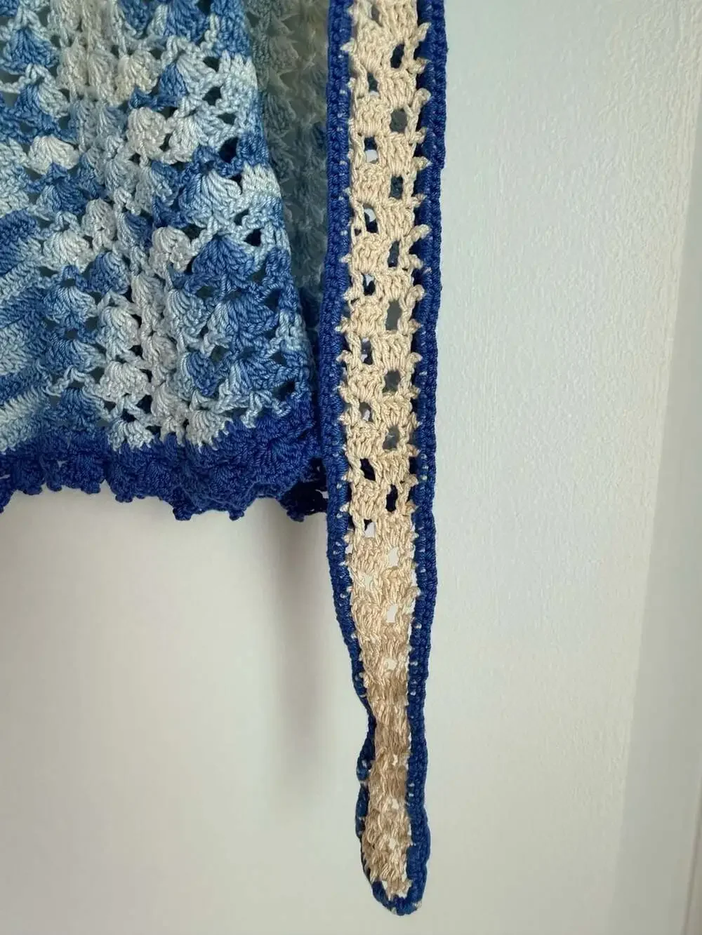 Vintage Handmade Crocheted Half Apron in Blue and Cream